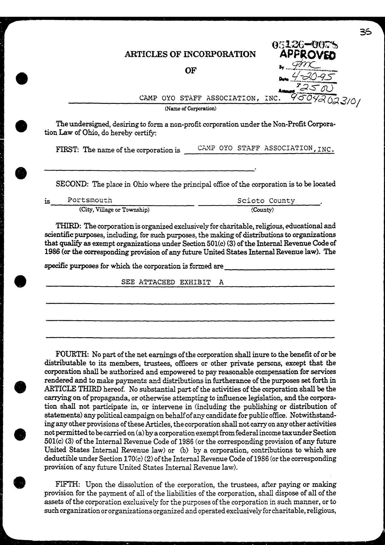 Articles of Incorporation of Camp Oyo Staff Association Inc., approved April 20, 1995