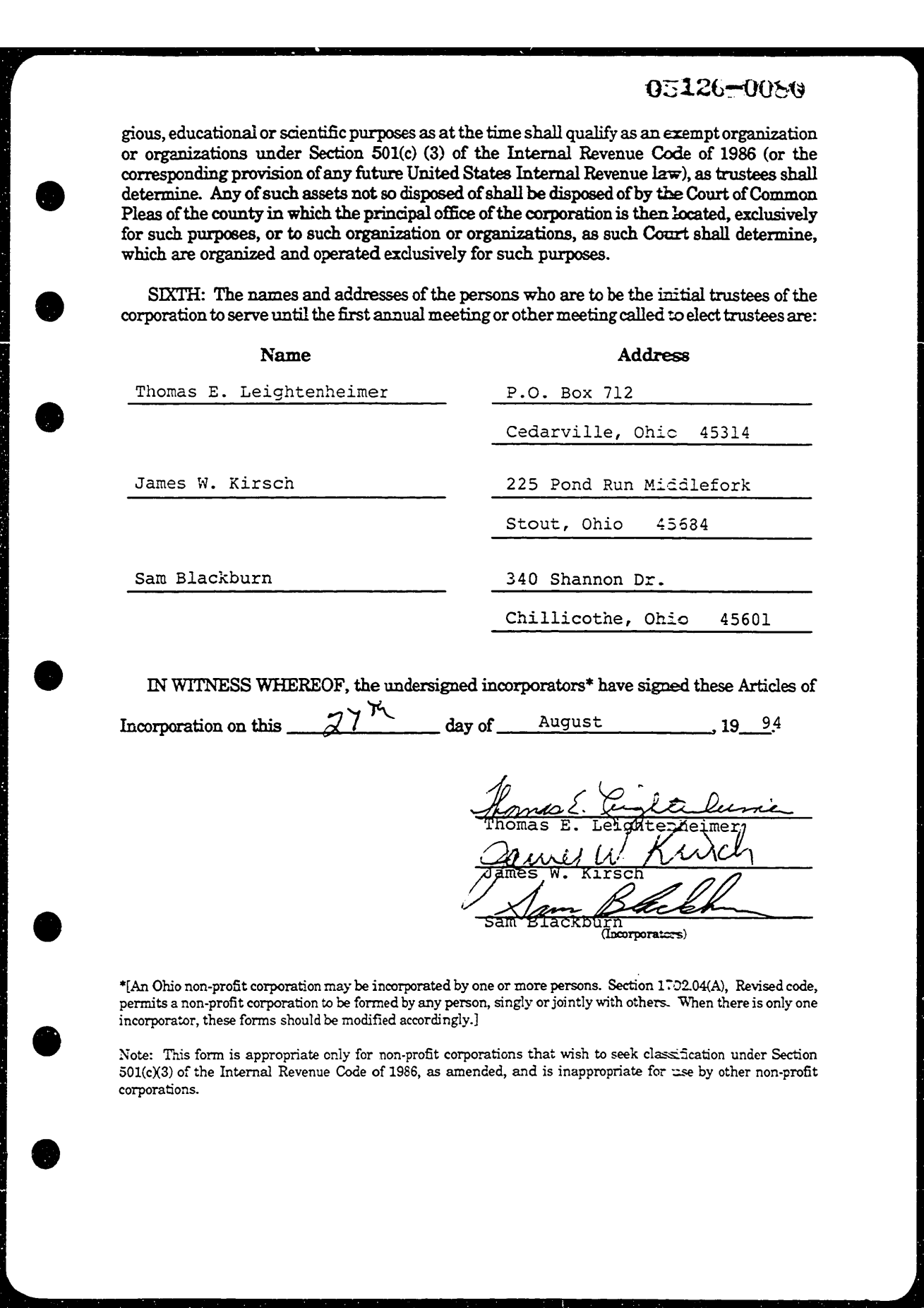 Incorporators signatures: Thomas E. Leigtenheimer, James W. Kirsch, and Sam Blackburn